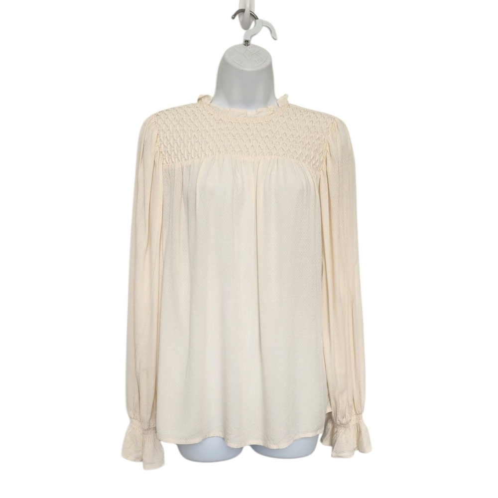 A New Day Smocked Victorian Style Blouse Size Small Light Ivory Long Sleeve FLAW